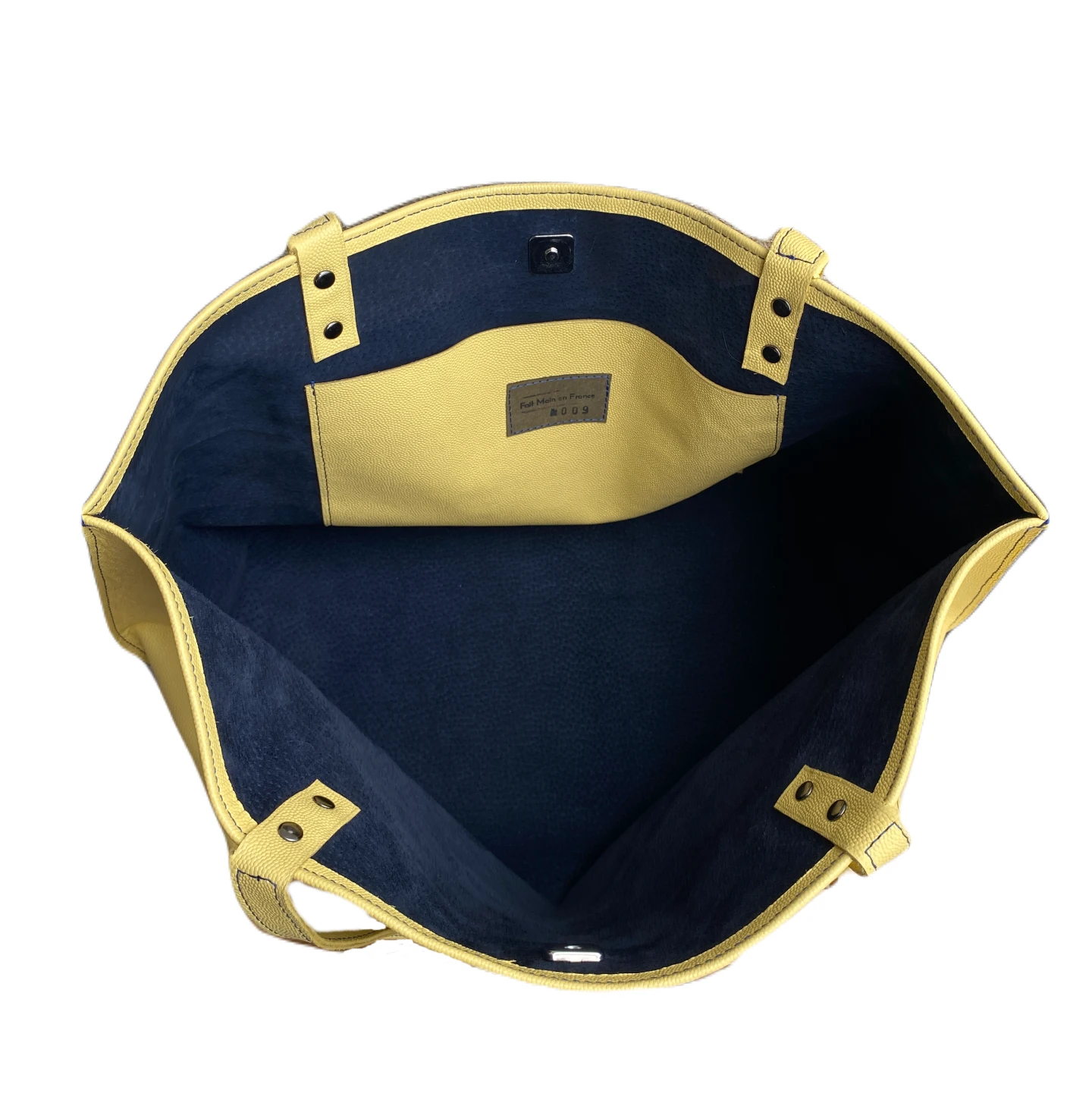 Grand sac cabas en cuir jaune avec intérieur cuir bleue Grand sac cabas en cuir jaune avec intérieur cuir bleue