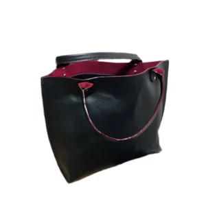 sac mini cabas en cuir de vachette lisse noir avec intérieur en doublure alcantara bordeaux