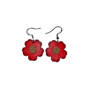 Boucles d'oreilles fleur en cuir rouge et taupe avec une monture en argent 925/1000