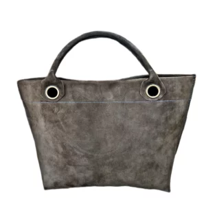 Sac petit cabas en cuir de chèvre nubuck couleur marron avec intérieur vert kaki