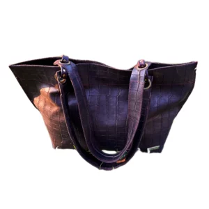 Sac grand cabas en cuir de veau effet croco couleur marron bronze